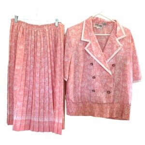 Andrea Gayle 2Pc Pleated Skirt Set Womens 12 Pink Florals VTG 80s Pearl Buttons